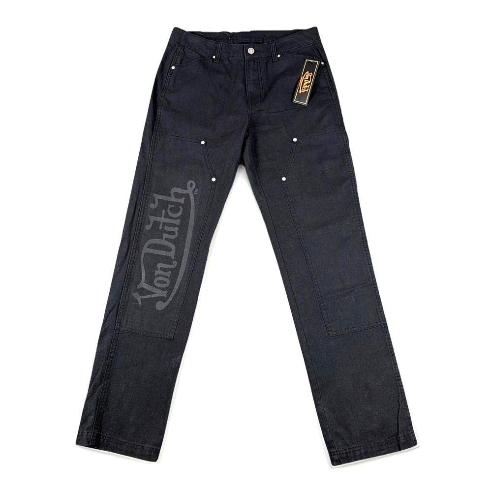 Von Dutch Double Knee Work Pants Mens 30x32 Black Flying Eyeball Logo Canvas